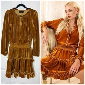Storia Golden Yellow Velvet Ruffle Boho Tassel Long Sleeve Mini Dress M